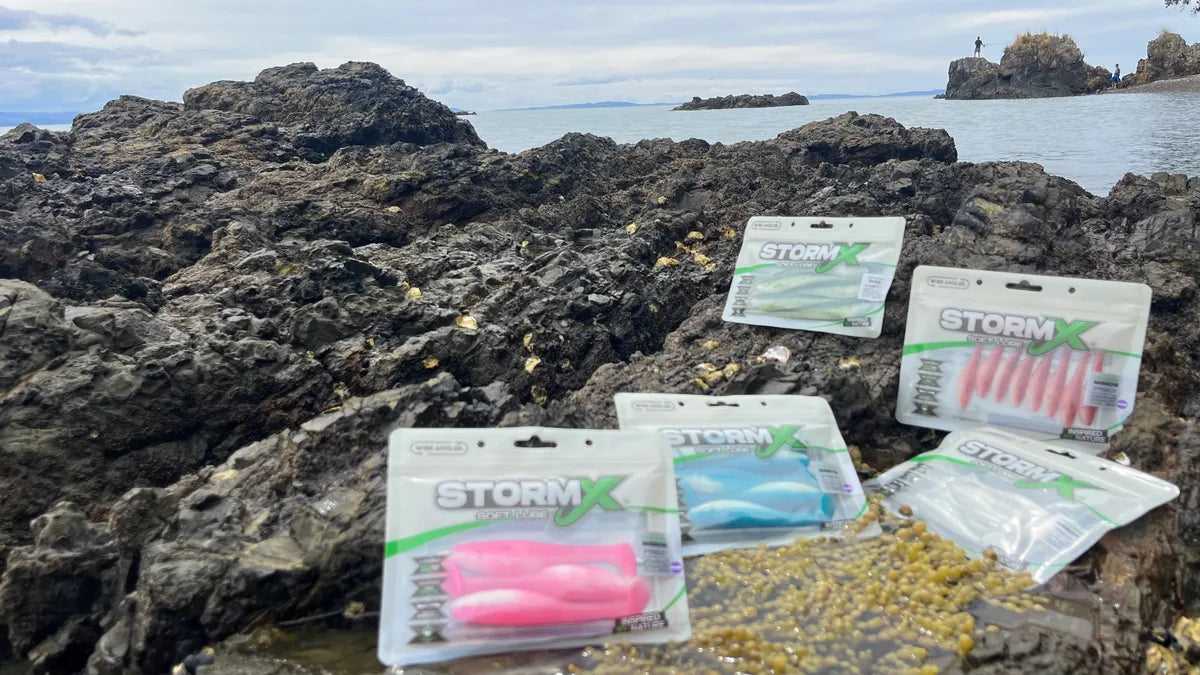 Wise Angler StormX soft lure packs on wet coastal rocks by the sea