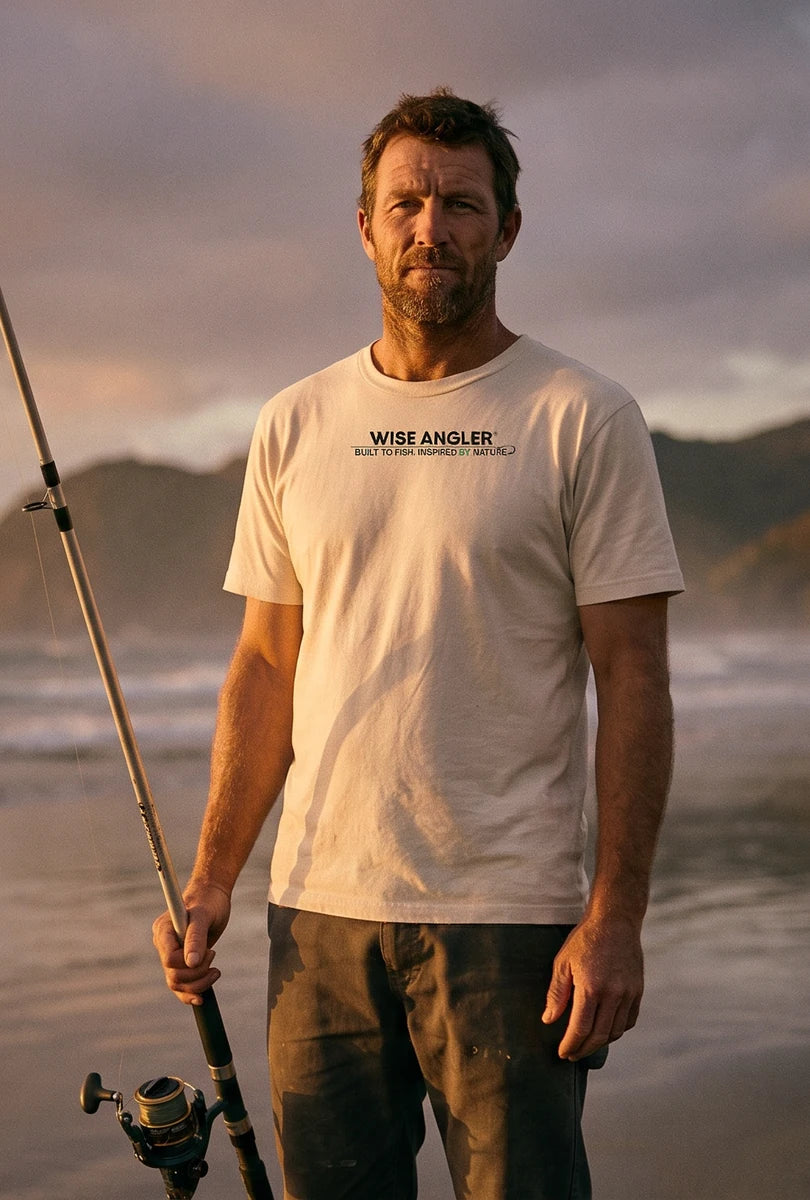 Angler on the beach at sunset in the sand Wise Angler T-Shirt