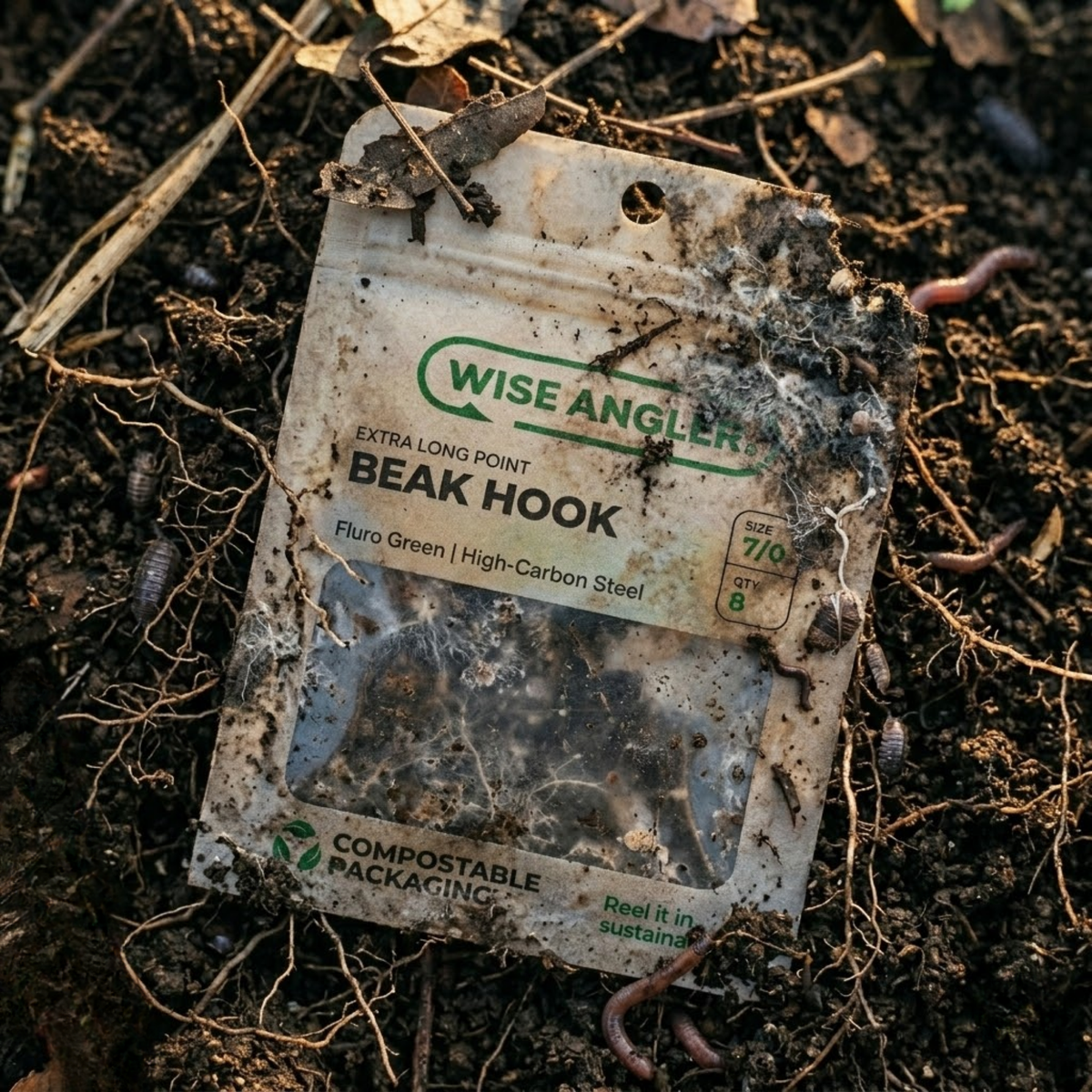 Wise Angler packaging starting to break down in compost