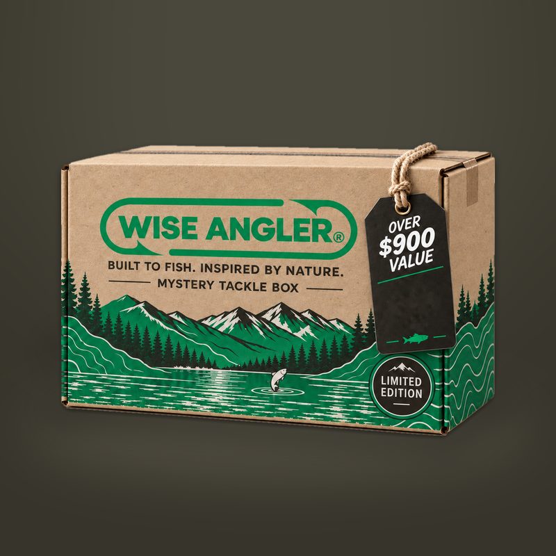 The sealed Wise Angler Mystery Tackle Box: a kraft box printed with mountains and a lake, with an Over $900 NZD Value tag and a Limited Edition seal