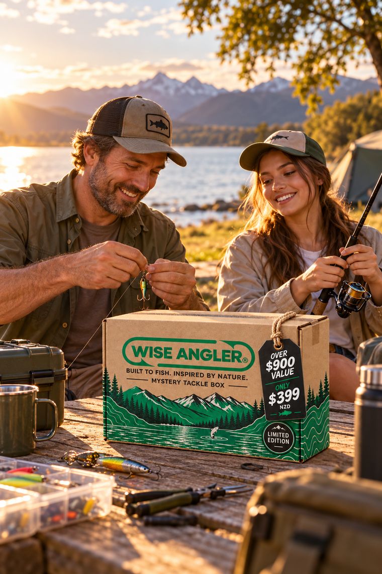 Two anglers at a lakeside campsite at sunset, with the Mystery Tackle Box on the table