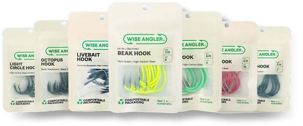 Seven Wise Angler hook packs from the Sample Bundle: Light Circle, Octopus, Livebait, Beak in fluoro green, luminous green and pink, and Demon Circle