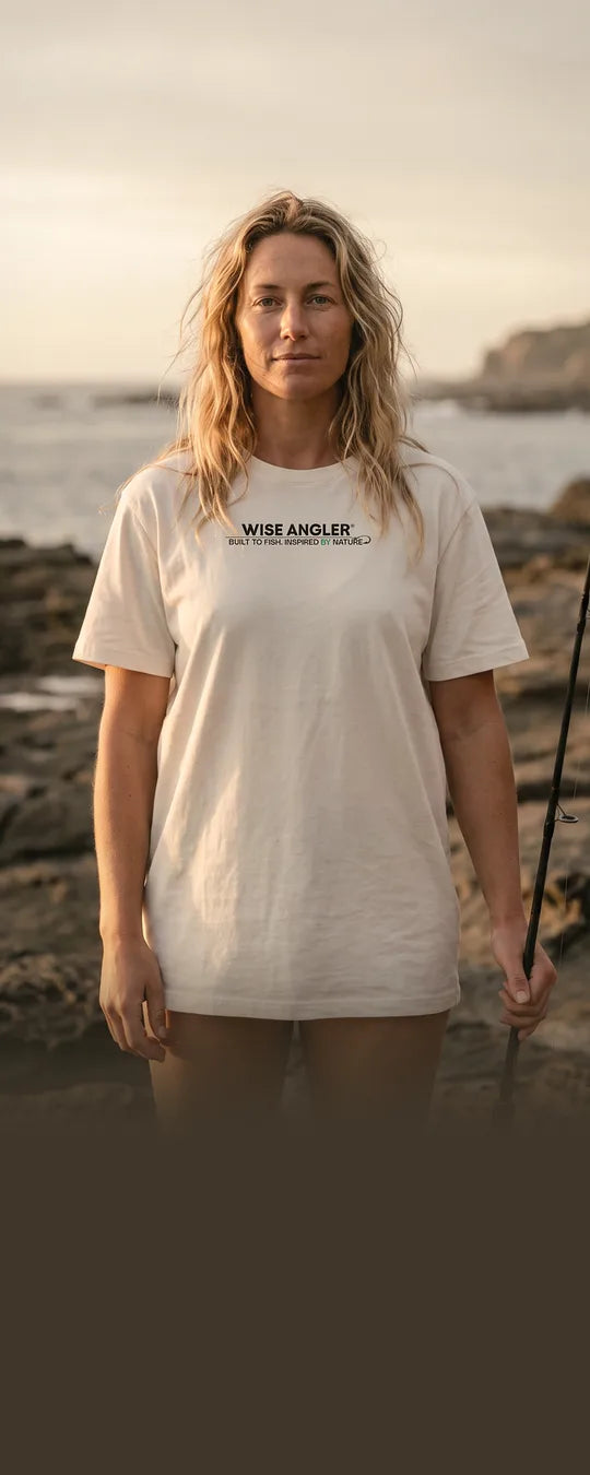 Angler wearing the Wise Angler sand tee