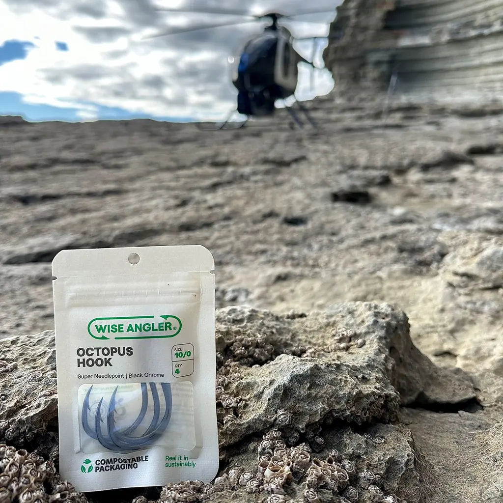 Wise Angler Octopus Hook pack on coastal rocks