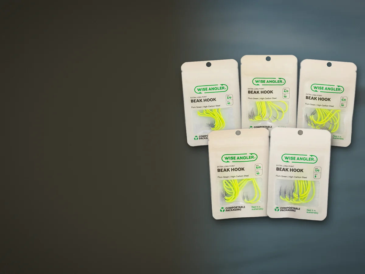 Five Wise Angler Beak Hook Fluro Green packs, sizes 3/0 to 7/0