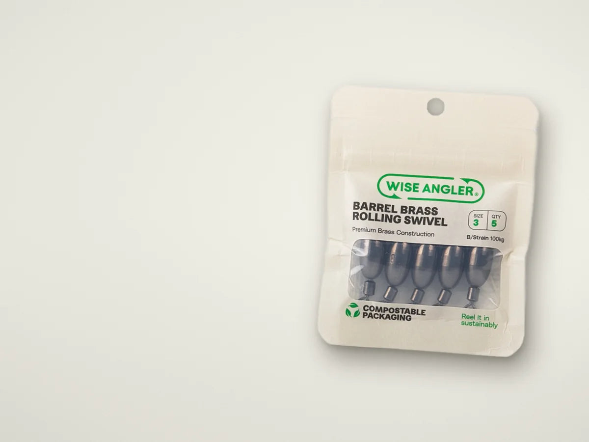 Wise Angler Barrel Brass Rolling Swivel in its compostable pack